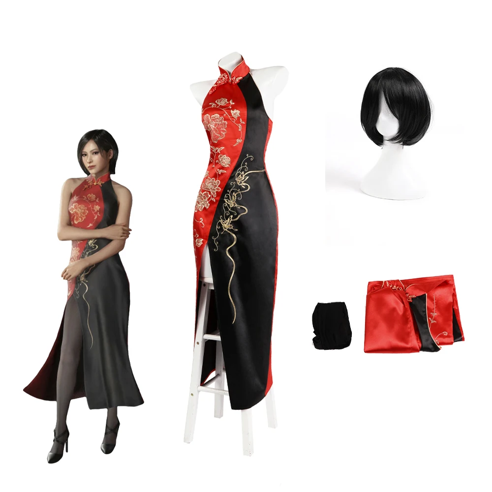 Game RE4 Remake Ada Wong Cosplay Costume Sexy Black Red Embroidered Cheongsam Women Halloween Carnival Disguise Clothes