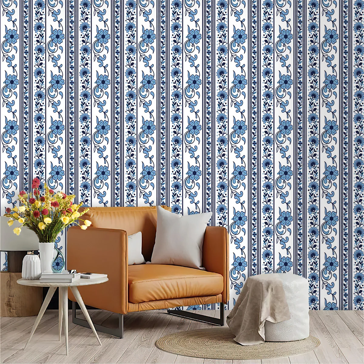 Floral Stripe Wallpaper Stick and Peel Blue Contact Paper Botanical Vine Flowers Wall Paper for Nursery Room Home Decor