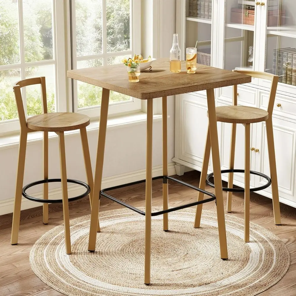 

Bar Table and Chair Set, 39.4" H Square Bistro Pub Table with 2 Chairs, Bar Height Table with ootrest, Small Cocktail Tables or