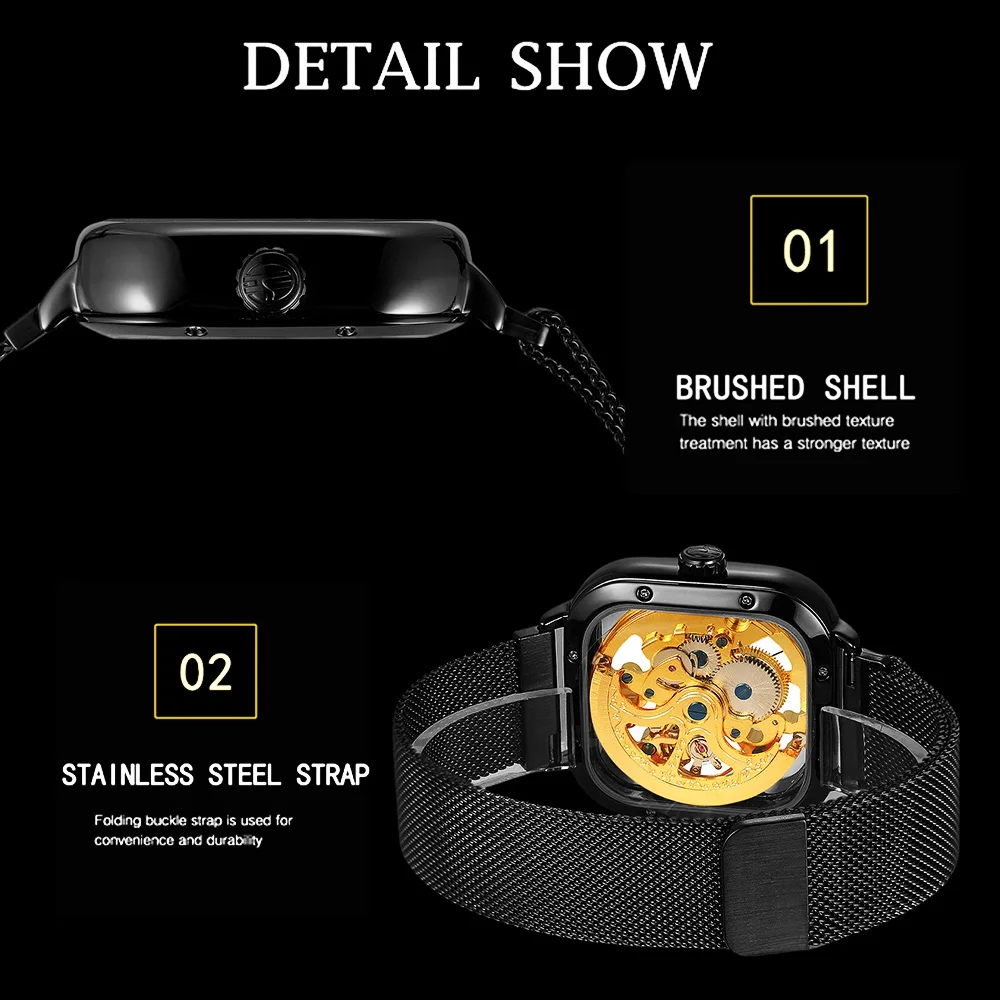 FORSINING Engraved Mens Automatic Skeleton Mechanical Watch Luminous Hands Black Golden Carving Casual Mesh Steel Band Man Clock