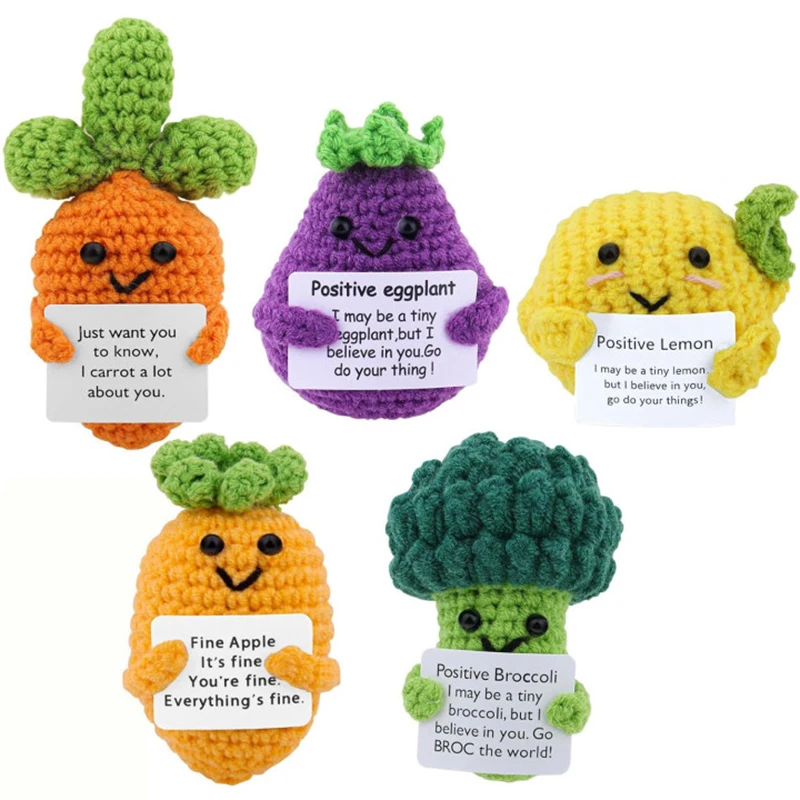 Mini Positive Vegetables Set Positive Crochet Dolls /w Affirmation Card Cartoon Hand Woven Fruit Desktop Ornament Christmas Gift