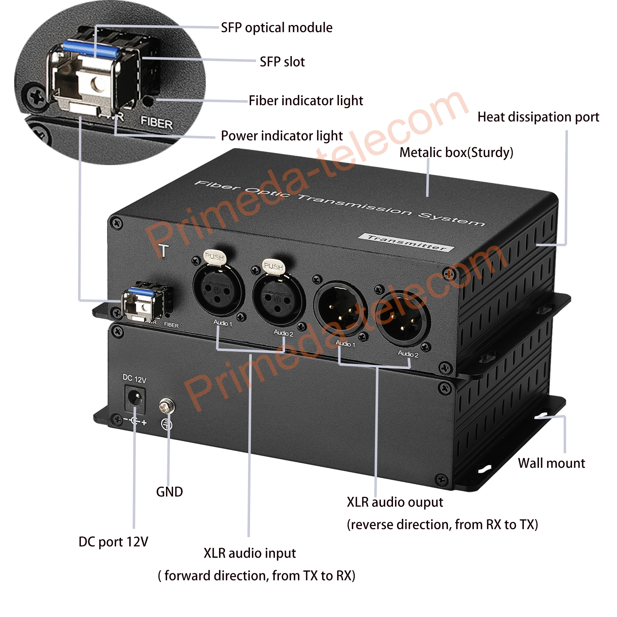 XLR Audio через оптоволоконный удлинитель LC, одномодовый, SFP 20 км, включает в себя непрерывную передачу, профессиональный кристаллический звук, пара