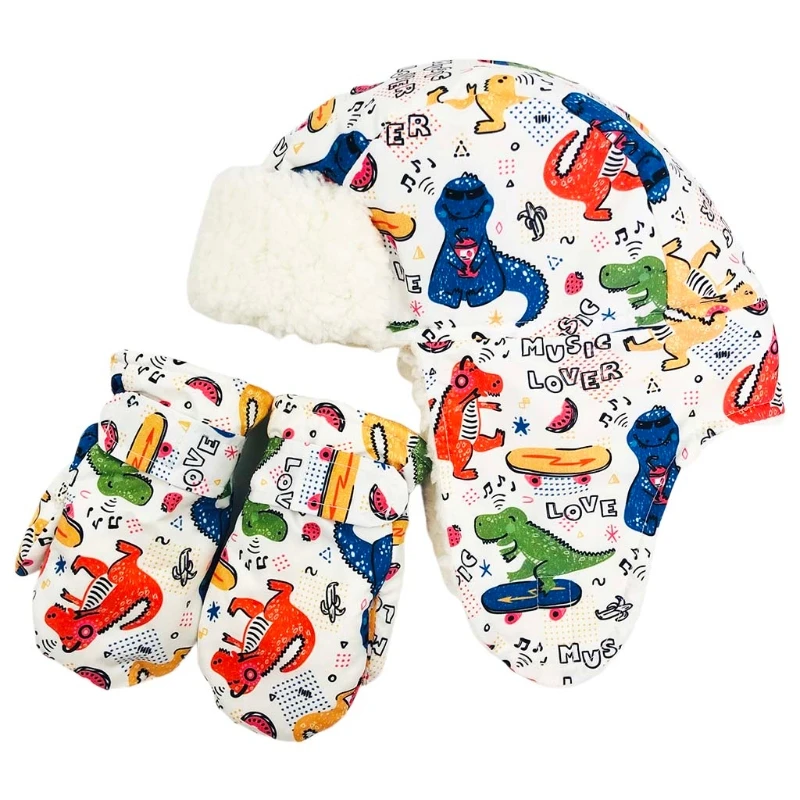 

Toddler Kids Winter Warm 2 Pieces Trapper Hat and Mitten Set Waterproof Cartoon Animal Print Plush Lined Earflap Beanie Ski