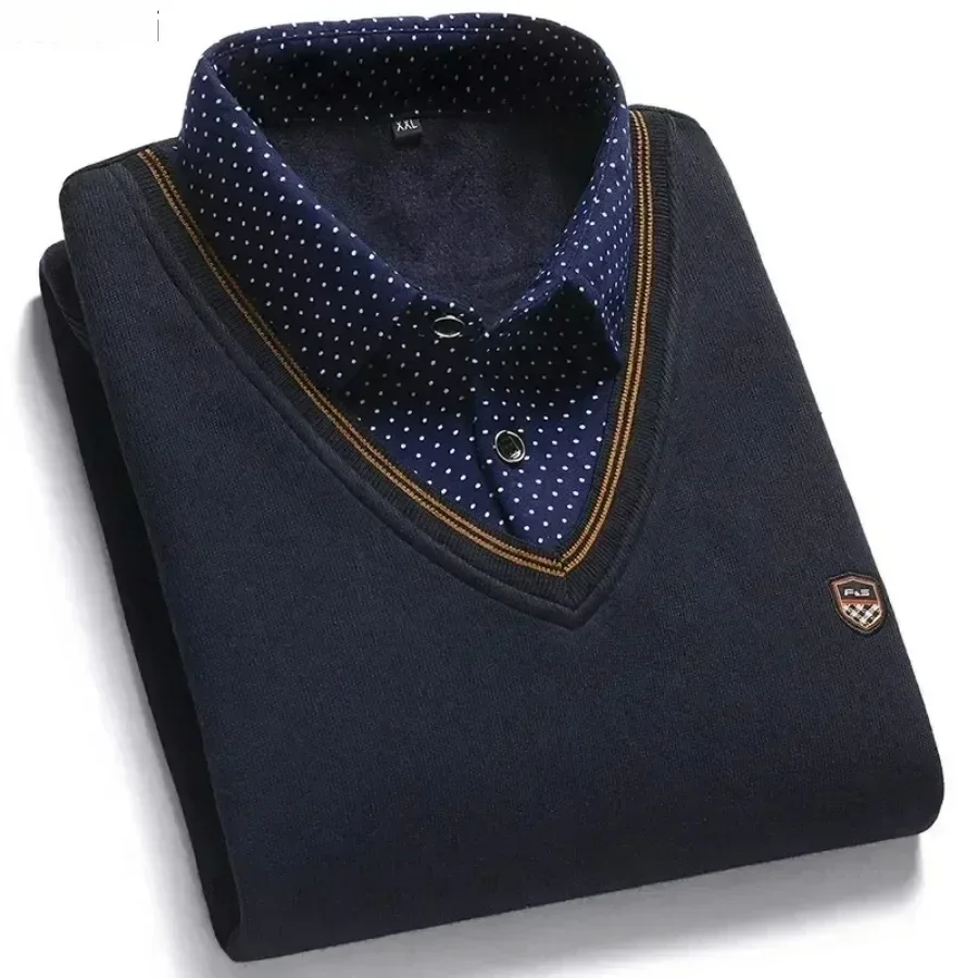 New  Men's Warm Velvet Padded Shirt Collar Sweater Loose Knit Slim Sweater Men Winter Fake Two-piece Sweater Male Warm Tops