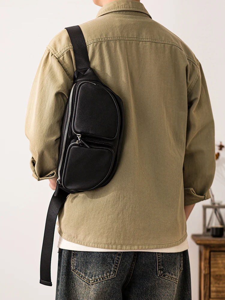 Casual first layer cowhide men's black multi-pocket chest bag outdoor travel sports luxury genuine leather riding crossbody bag