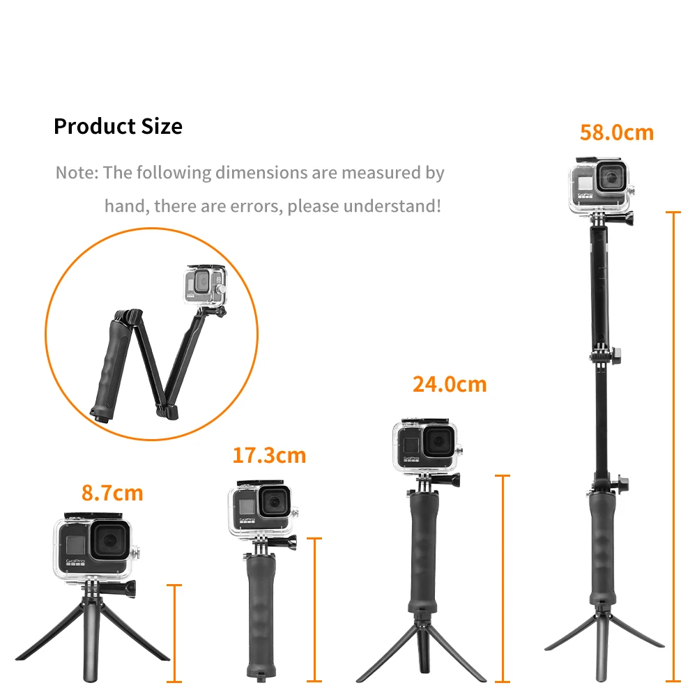 Dobrável impermeável 3-Way Grip Tripé Stand, monopé Selfie Stick para GoPro Hero 12, 11, 10, 9, 8, 7, 6, 5, Go Pro Acessório