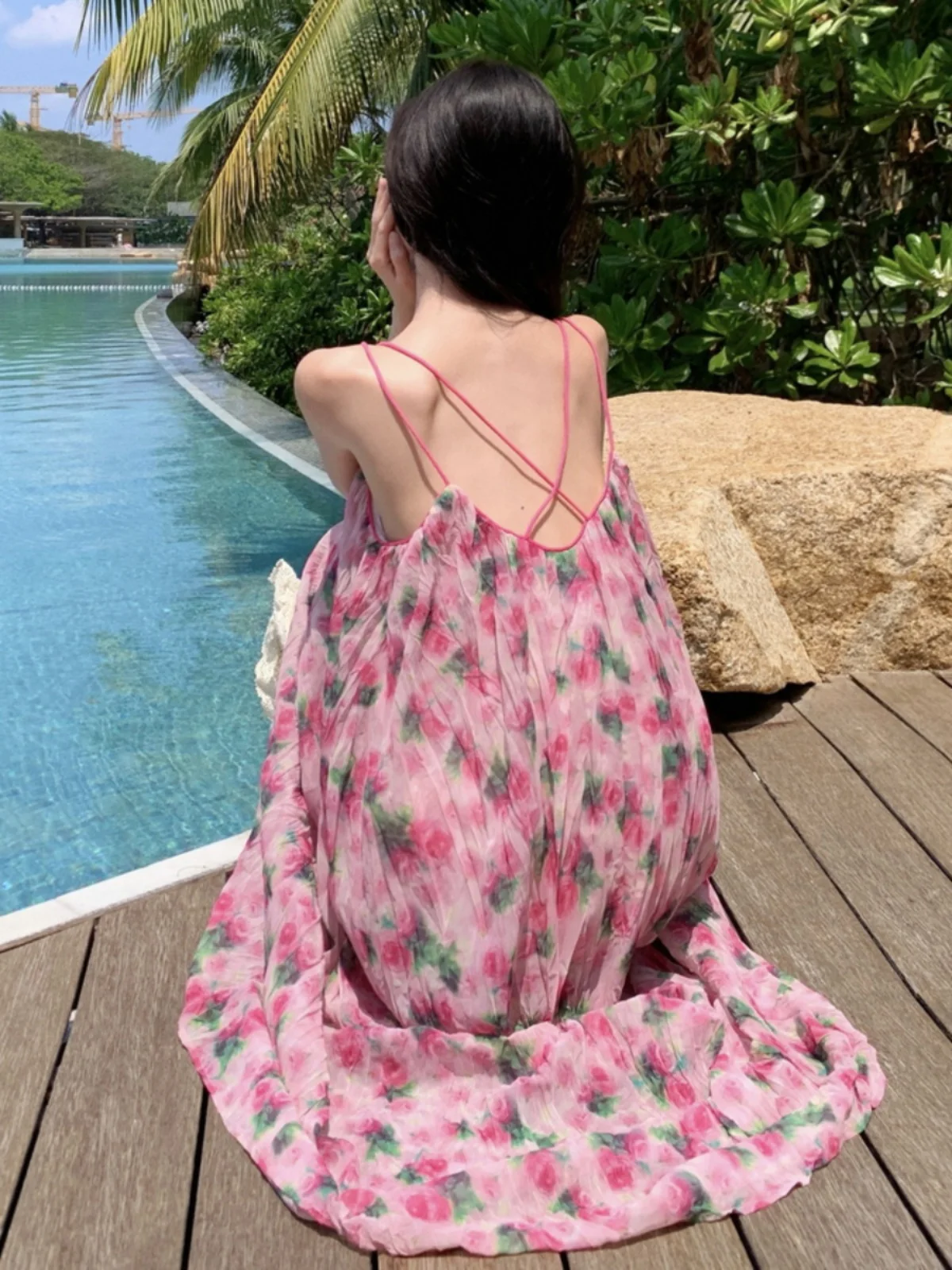 Sanya Bali Beach Skirt Elegant Sweet Floral Dress Travel Photo Sling Backless Loose Fairy Dress