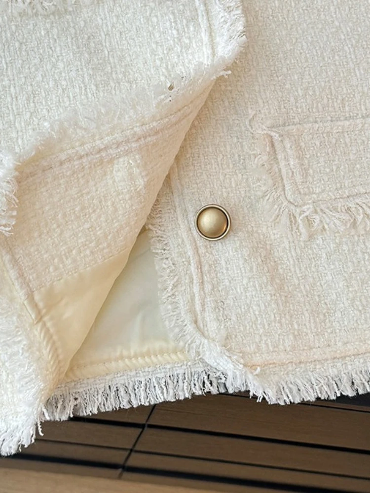 Solid color tweed fringe short style jacket women in spring design sense light luxury loose round neck long sleeved coat view 6