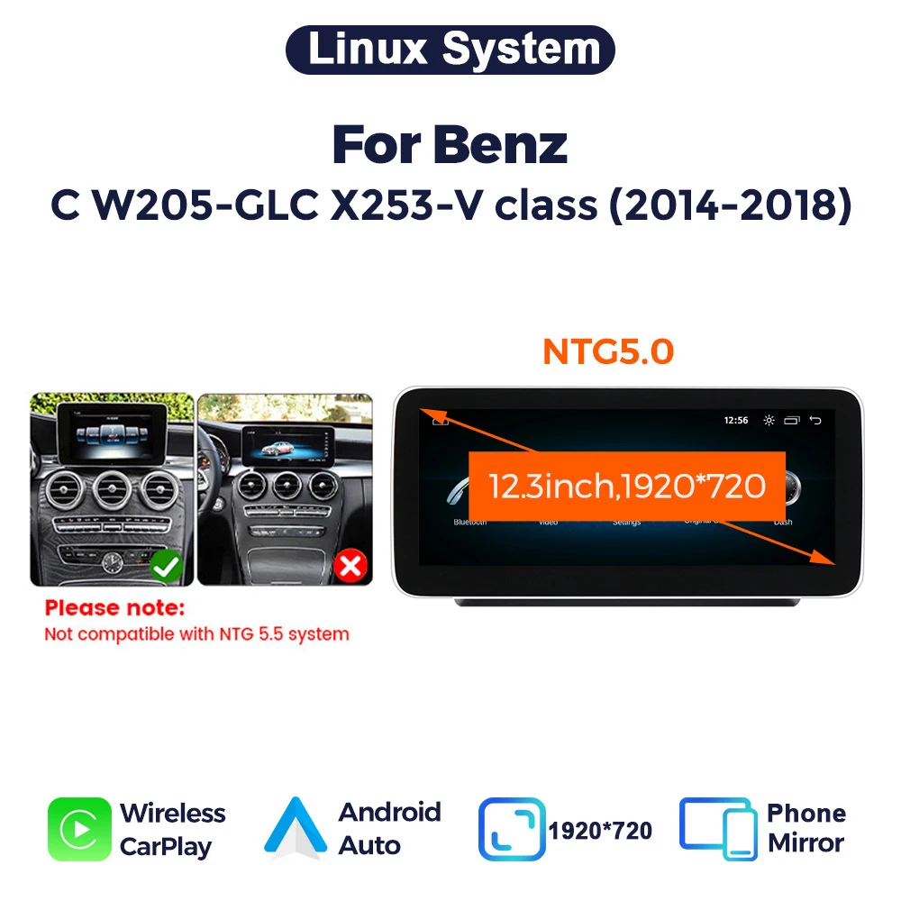 MEKEDE Kabelloses Carplay Linux-Display für Mercedes Benz W205 GLC A C V Klasse W447 CLA GLA 2015-2019 NTG5.0 mit Android Auto Multimedia-Radio-Player 1920*720 Headunit