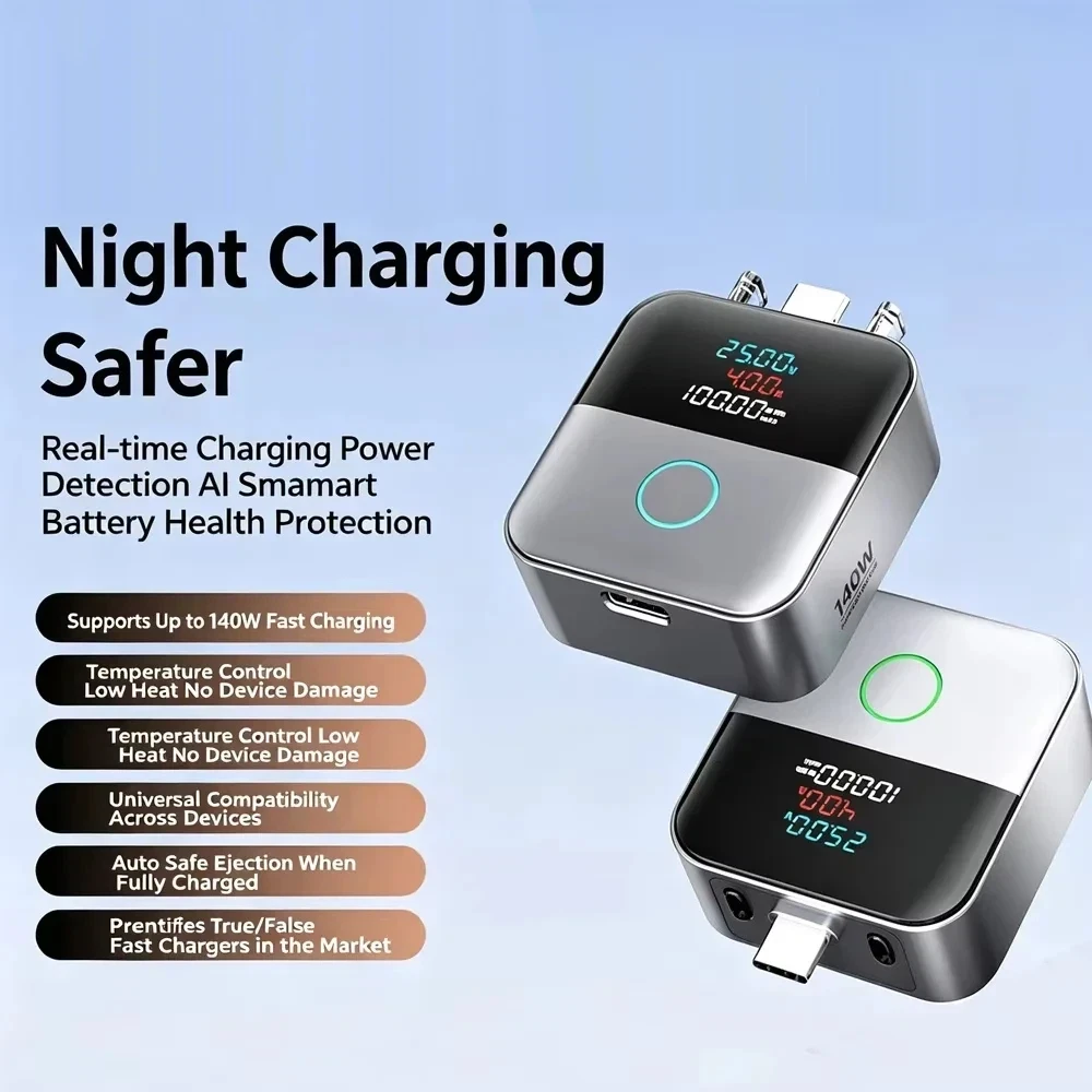 Adapter Lenovo 140W Smart Full Charge z funkcją samoczynnego odcięcia, cyfrowym wyświetlaczem i uniwersalnym automatycznym odłączaniem do zapobiegania ładowaniu w nocy.