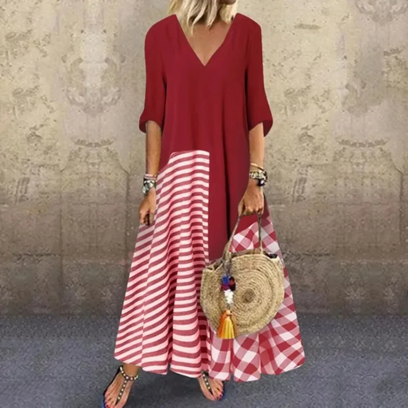 Classic striped shirt dress casual and elegant V-neck short sleeved plain printed dress long casual dress