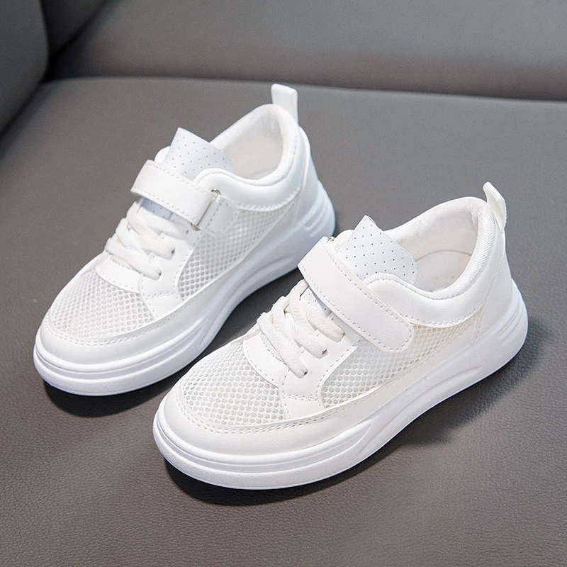 Girls Children Mesh Sneakers 2023 Summer New Hook & Loop White Versatile Casual Kids School Shoes for Boys Korean Thick Bottom