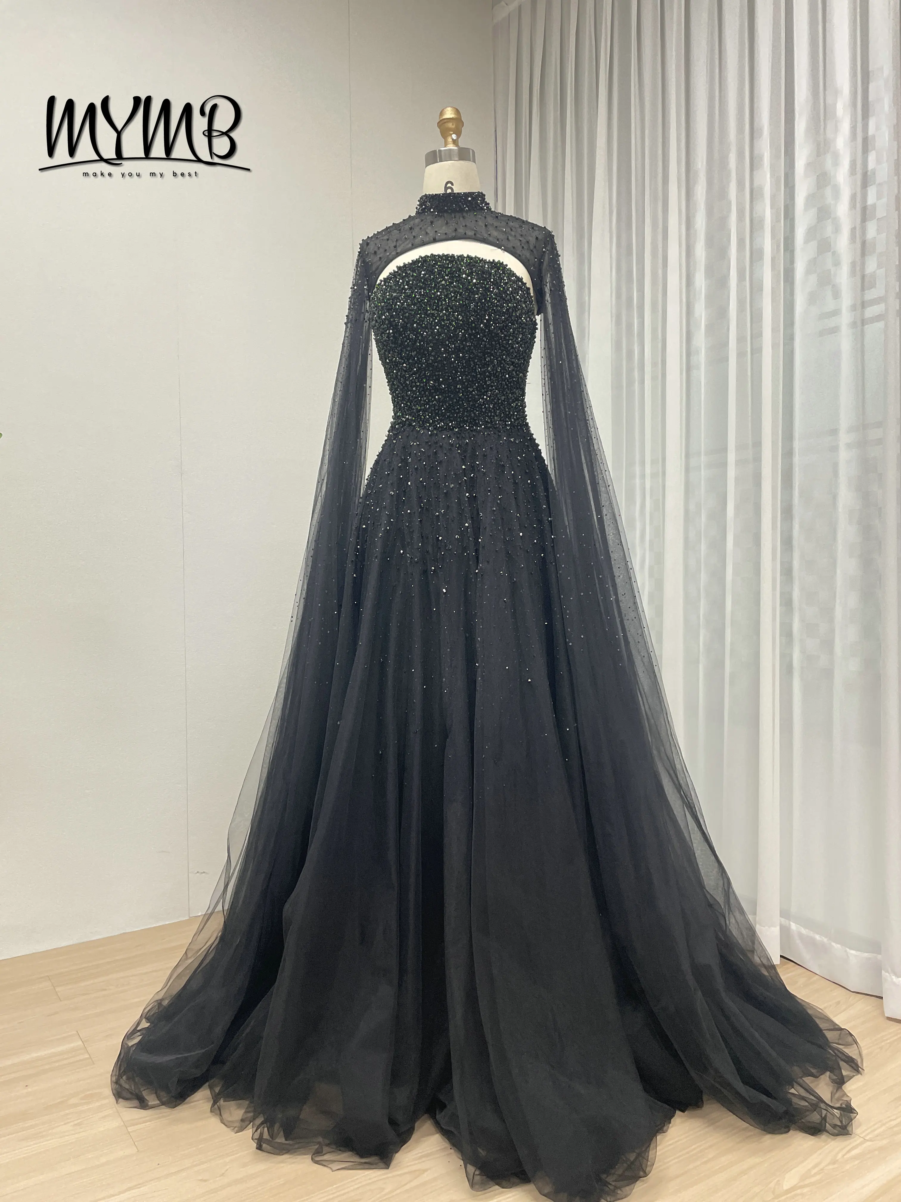 MYMB Luxury Couture Handmade Evening Gown for Women Stylish Diamond Embellished Top With Detachable Cap Formal for Party MB40306