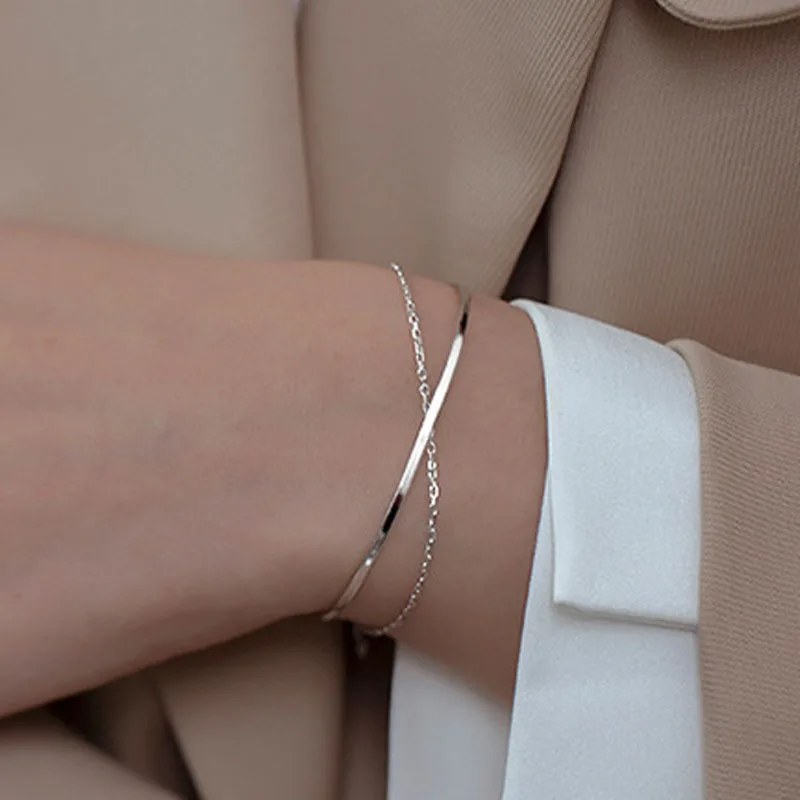Doppelschichtiges Geometrie-Armband für Damen, Paar, 925er Sterlingsilber, Handarmbänder, Charm-Schmuck, Argent 925
