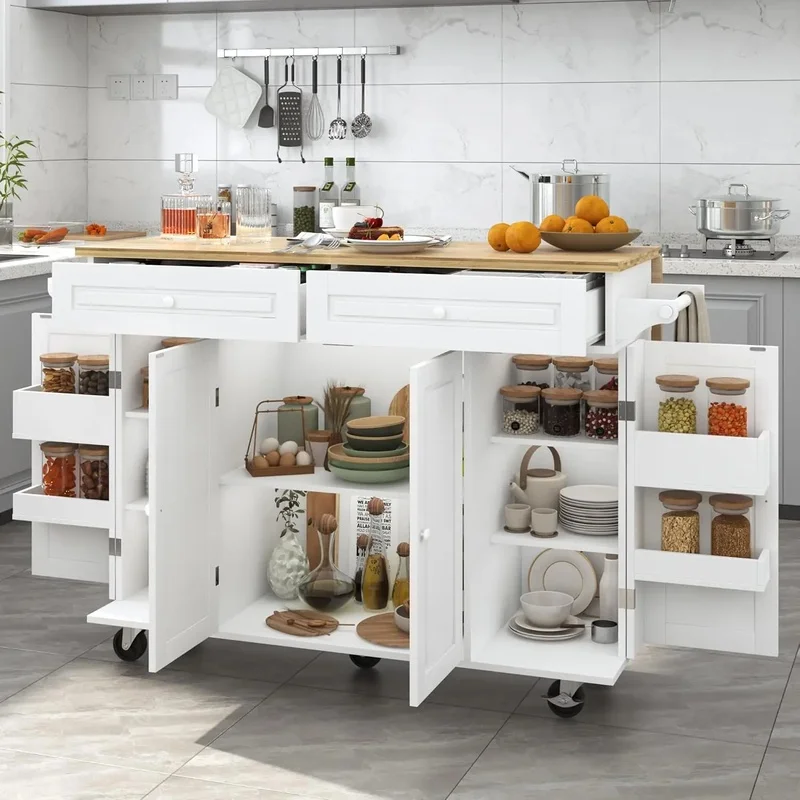 55-Inch Kitchen Cart with Wood Top and Drop Leaf, Rolling Mobile Island Table on Wheels with Drawer