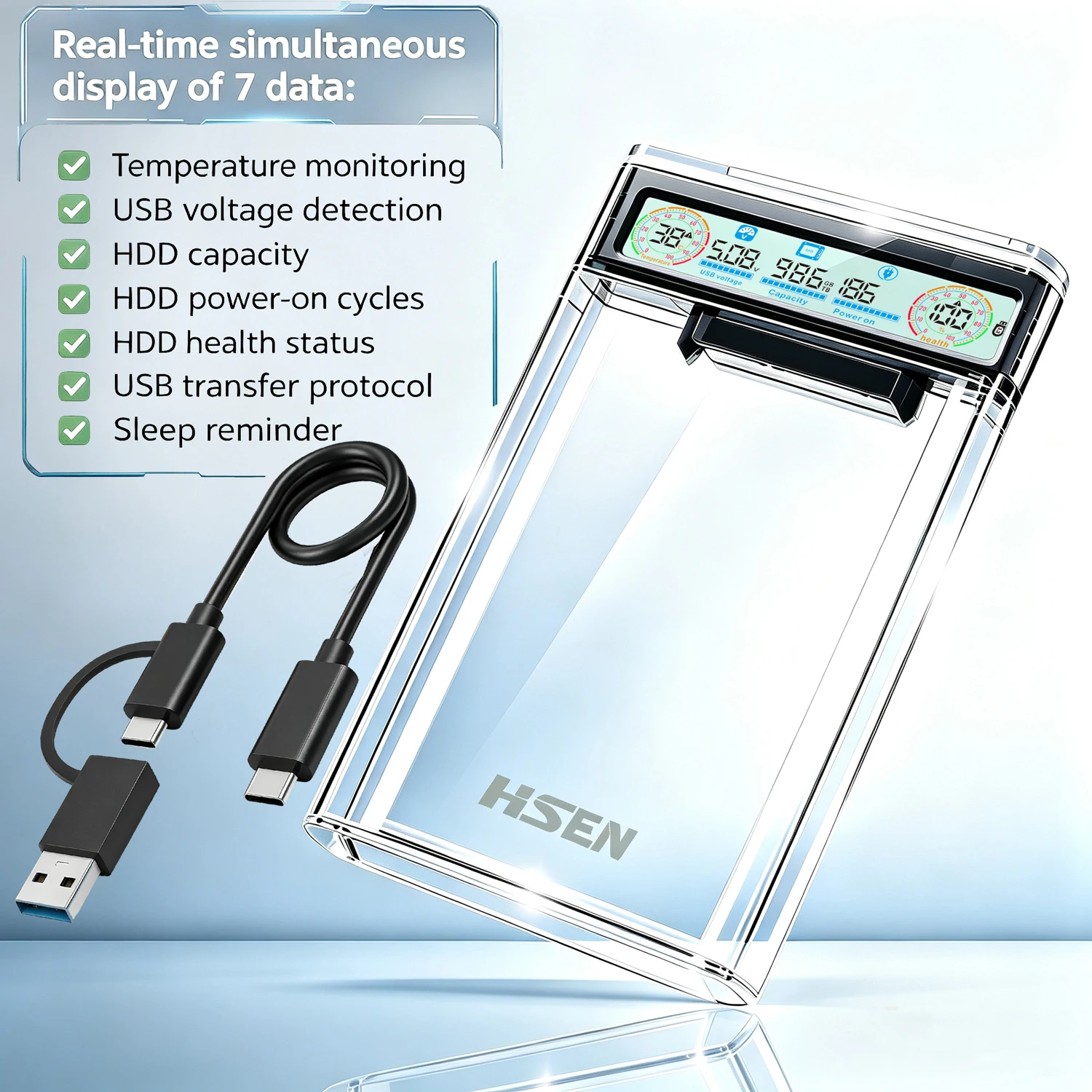 USB3.2 2,5'' SATA HDD SSD-Gehäuse, Transparentes Tragbares Externes Festplattengehäuse mit Smart-Display zur Echtzeit-Datenüberwachung – Detail 8