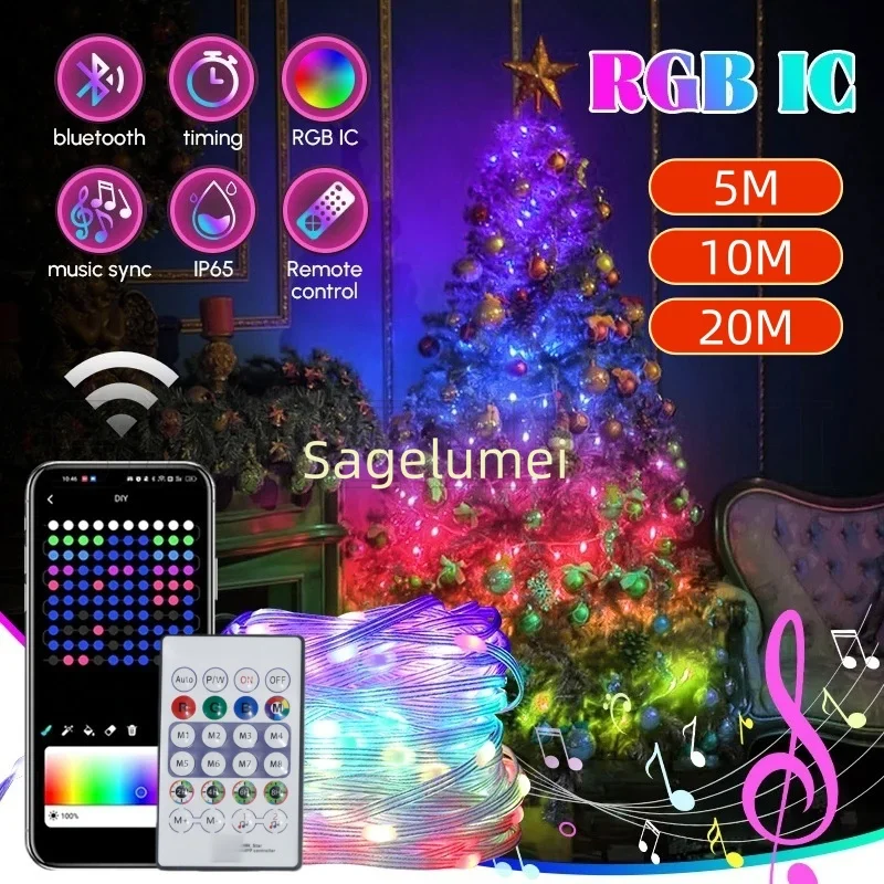 

5 В USB RGBIC Сказочная гирлянда 20/10/5 м Рождественский светильник с приложением Bluetooth и пультом дистанционного управления для украшения рождественской елки и гирлянды