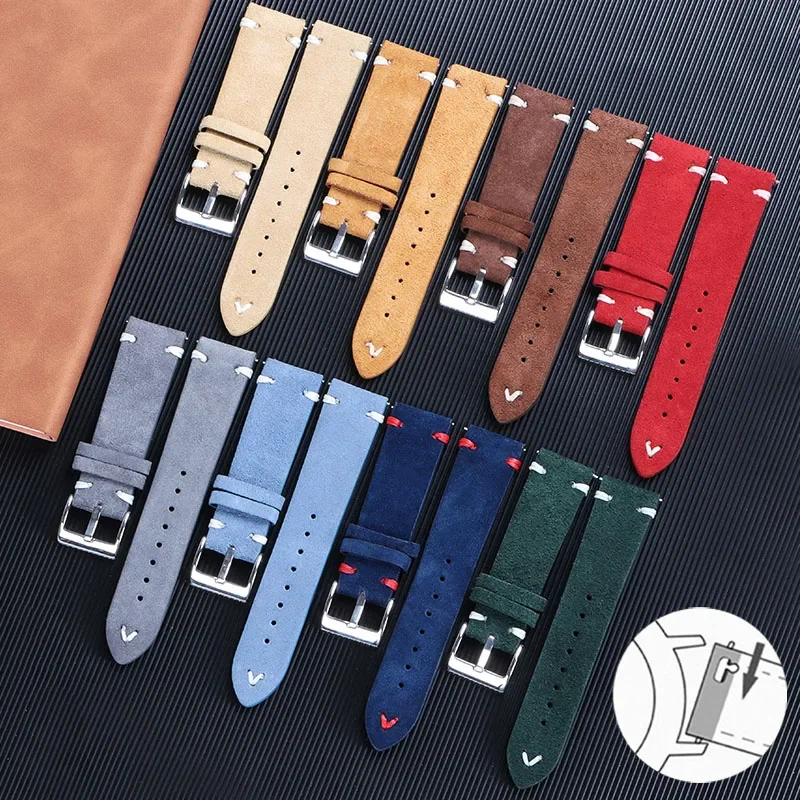 High Quality Genuine Leather Watch Strap Quick Release Wrist Band Vintage Soft Belt Suede Stitching Watch Band 18mm 20mm 22mm