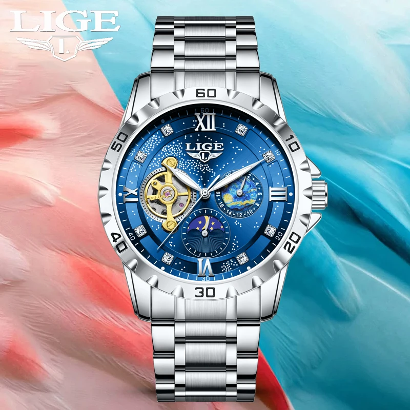 

LIGE Classic Moon Phase Mechanical Watches For Men Fashion Sports Automatic Men Watch Waterproof Luminous Tourbillon Watch Men