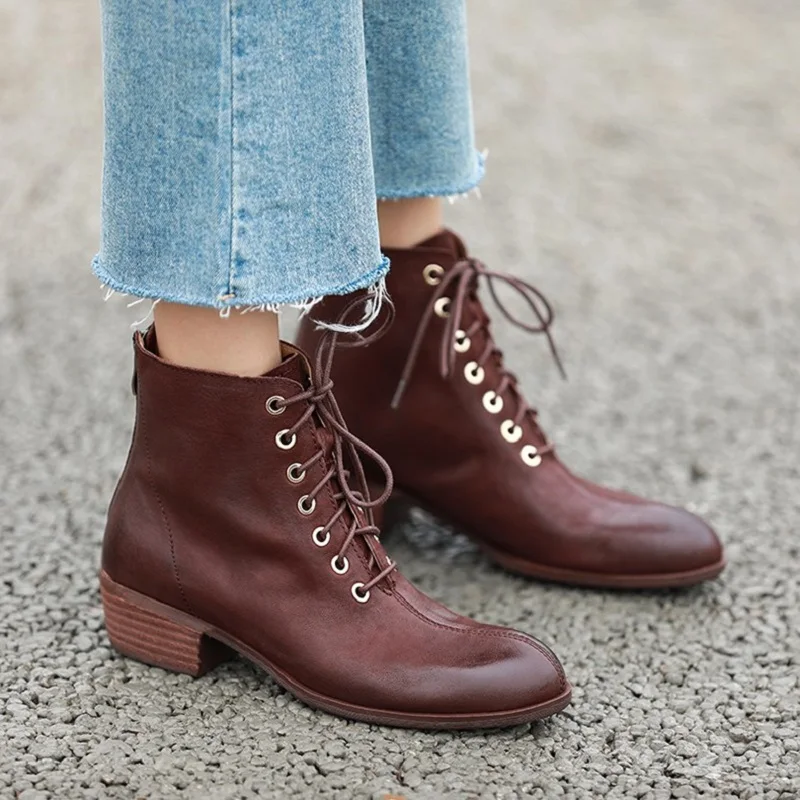 

Ankle Boots Retro Style Winter Shoes Woman Round Toe Cowhide Casual Shoes For Spring Autumn Botas Fashion Short Boots Thick Heel
