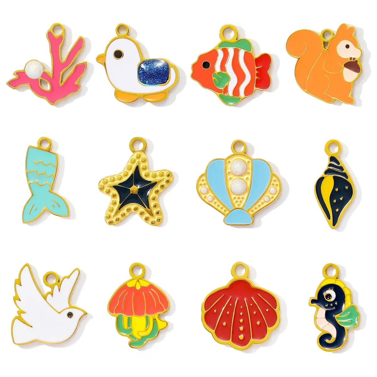 3 قطعة/الوحدة الفرنسية الفولاذ المقاوم للصدأ المينا حمامة الطيور السنجاب سوار Charms قذيفة محارة المرجان ذيل السمكة المعلقات مجوهرات بأشكال حيوانات