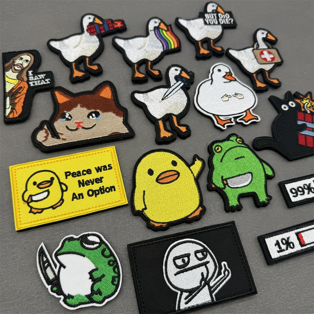 Funny Meme Animal with Knife Patch Peace Never an Option Embroidery Hook&Loop Patch Goose Frog Cat Duck Tactical Morale Badge