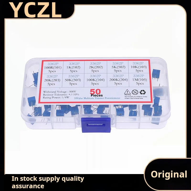 

10 kinds of 50PCS 3362P adjustable resistor 3-pin potentiometer 100 ohm/1K/2K/5K/10K/20K/50K/100K/1M