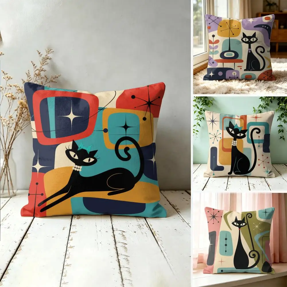 Mid Century Atomic Cat Pillow Case Double-Sided Plush Sofa Cushion Covers Organic Breathable Invisible Zipper