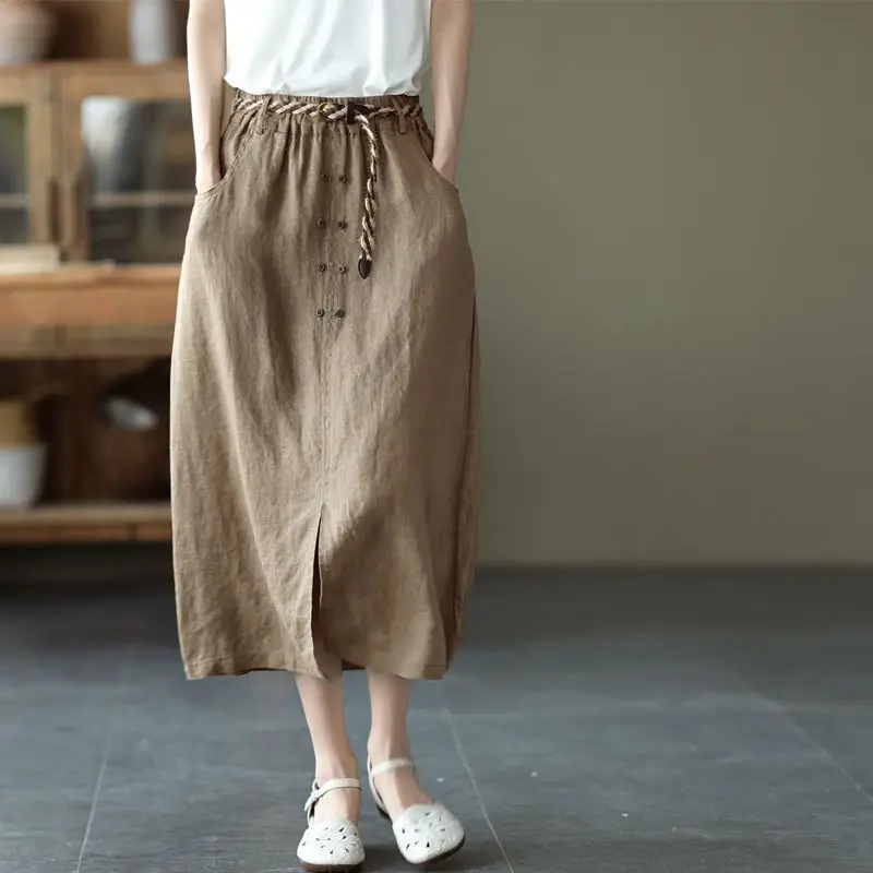 High-End Japanese Style Women's Cotton Linen A-Line Midi Skirt Slimming Pure Color Asymmetrical Hem Commute Friendly Skirt
