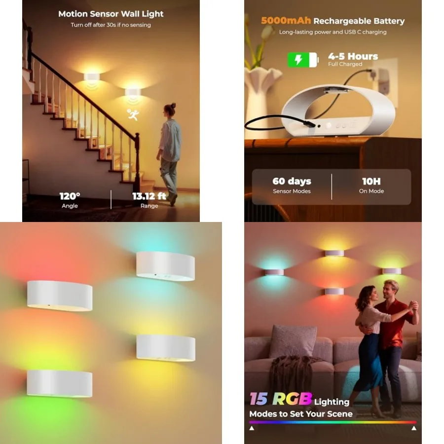 

Motion Sensor Wall Light, 5000mAh Rechargeable Battery Operated Wall Sconces with Remote, 15 RGB Colors 3 White Temps Dimmable,