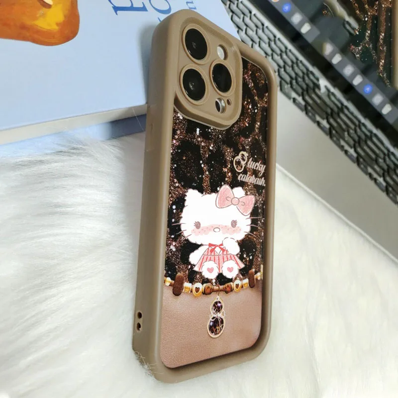 مرحبا كيتي ليوبارد طباعة القرع نمط جراب هاتف لابل آيفون 17 16 15 14 13 12 دائم جلخ الملمس الغطاء الواقي