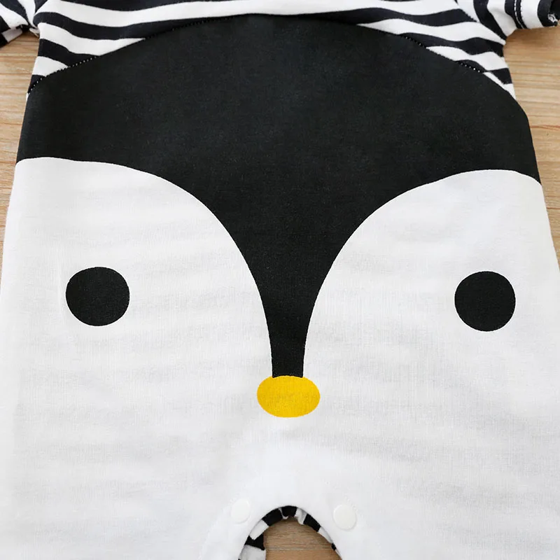 Baby Unisex BoyAndGirl Newborn Jumpsuit For Toddlers Baby Summer Short Sleeved Cartoon Cute Contrasting Striped Penguin Jumpsuit