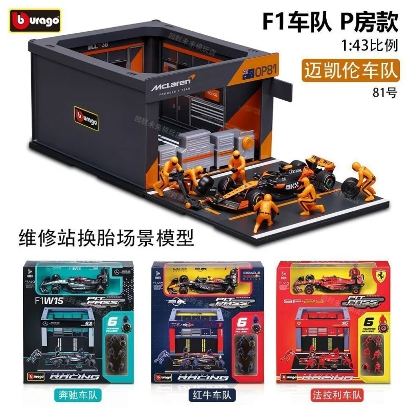 

New Hot In Stock Bburago 1:43 Mclaren Mcl38 F1 Pit Pass Set Alloy Miniature Diecast Model 6pcs Piece Pit Crew Doll Toy Kids Gift