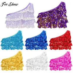 4-16Y Girls Hip Hop Jazz Street Dance Costume Shiny Sequin Tiered Ruffles Crop Top Vest School Party Stage Performance Dancewear