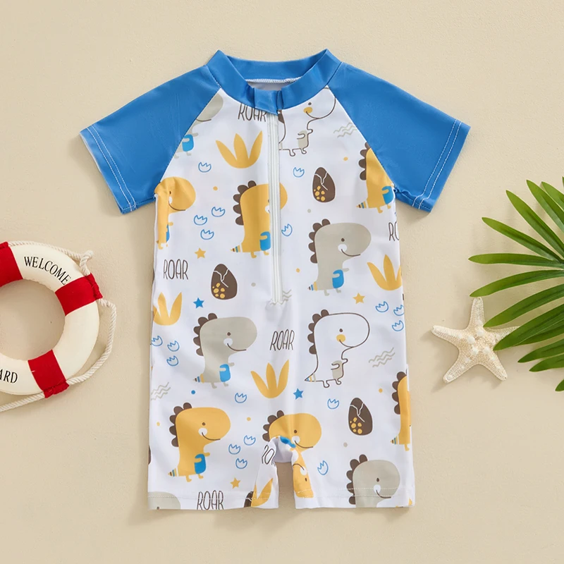 

0-3T Toddler Boys Rash Guard Swimwear Cartoon Marine Organisms Print Short Sleeve Swimsuits Front Zipper Bathing Suits