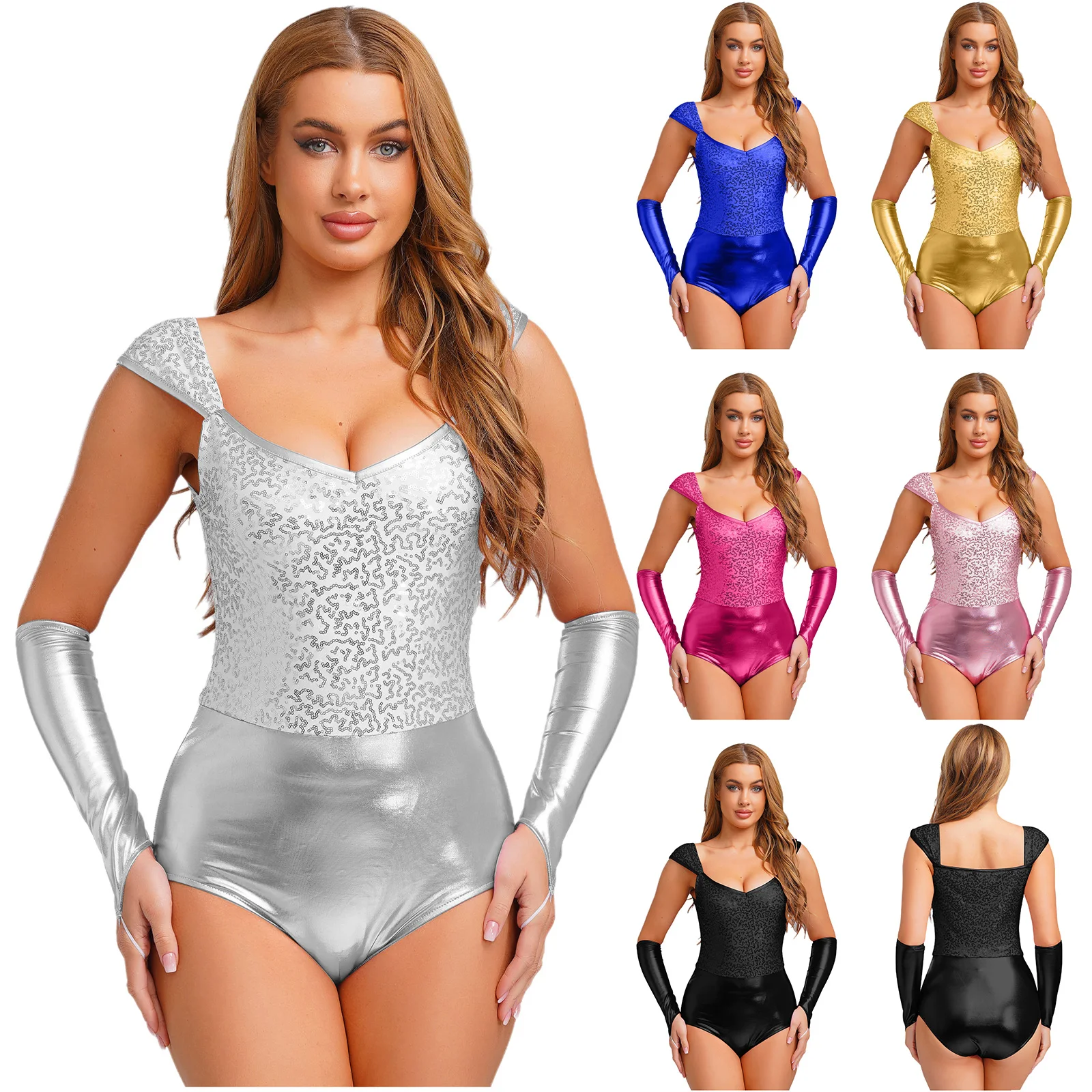 Womens Glittery Sequin Metallic Shiny Bodysuit with Removable Sleeves Goddess Roleplay Leotard for Halloween Cosplay Clubwear