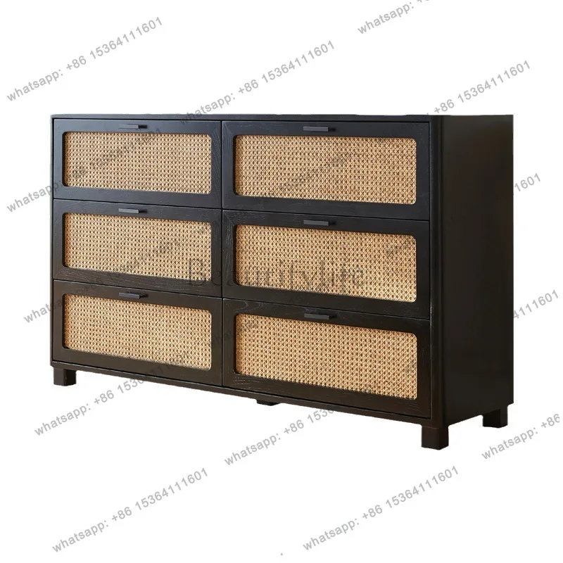 Ash wood rattan French simple black solid wood six-bucket drawer storage cabinet