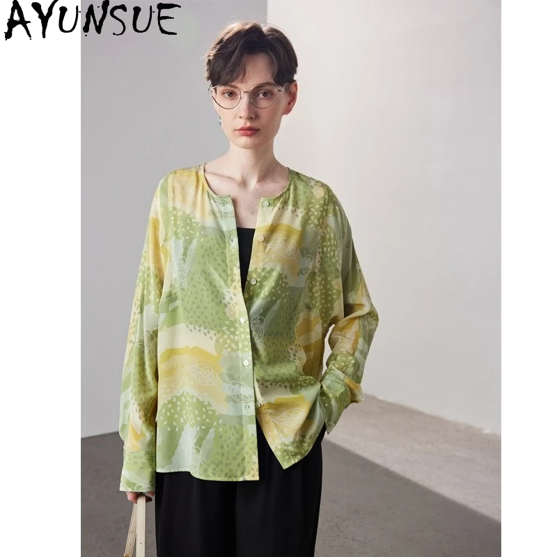 

AYUNSUE 100% Mulberry Silk Blouses for Women 2025 O-neck Long Sleeves Top Casual Shirts Clothes for Woman Blusas De Mujer