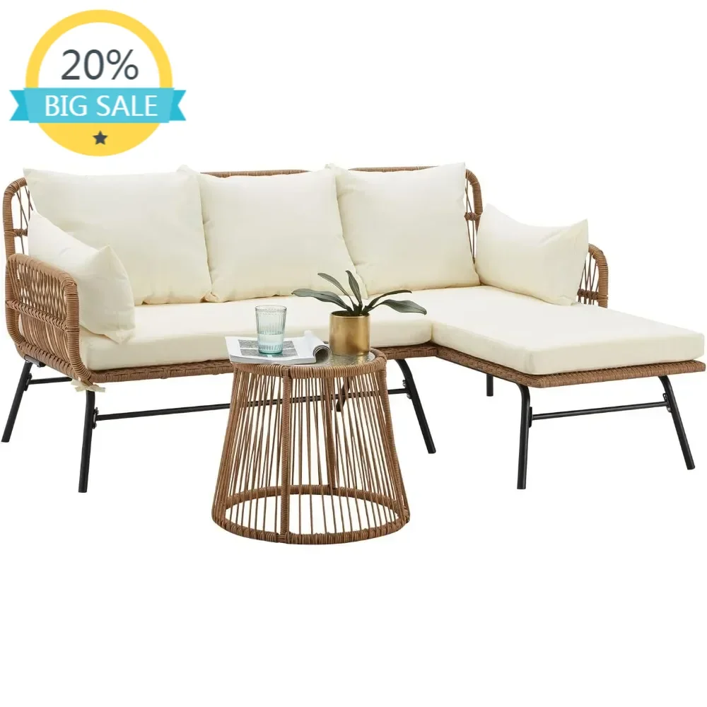 

Bestseller3 Piece Patio Furniture Set, L-Shaped Sectional Conversation Sofa Set with Thick Cushions and Toughened Glass Coffee T