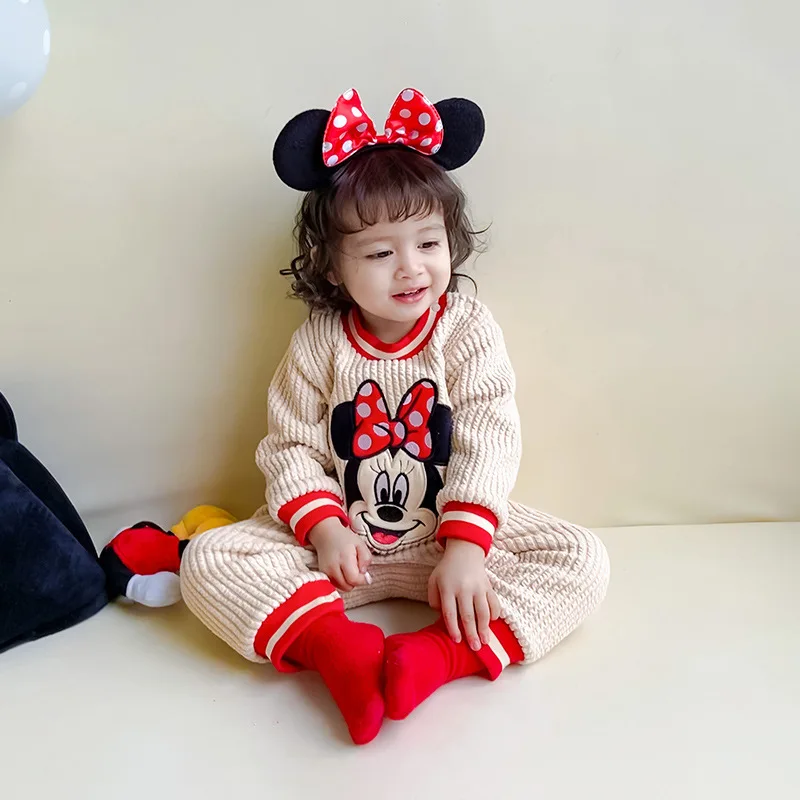 Disney New Daisy Smiling Minnie Winter Thickened Warm Baby Onesie Going Out Romper Climbing Infant Outfit 0-1 Years Bodysuits