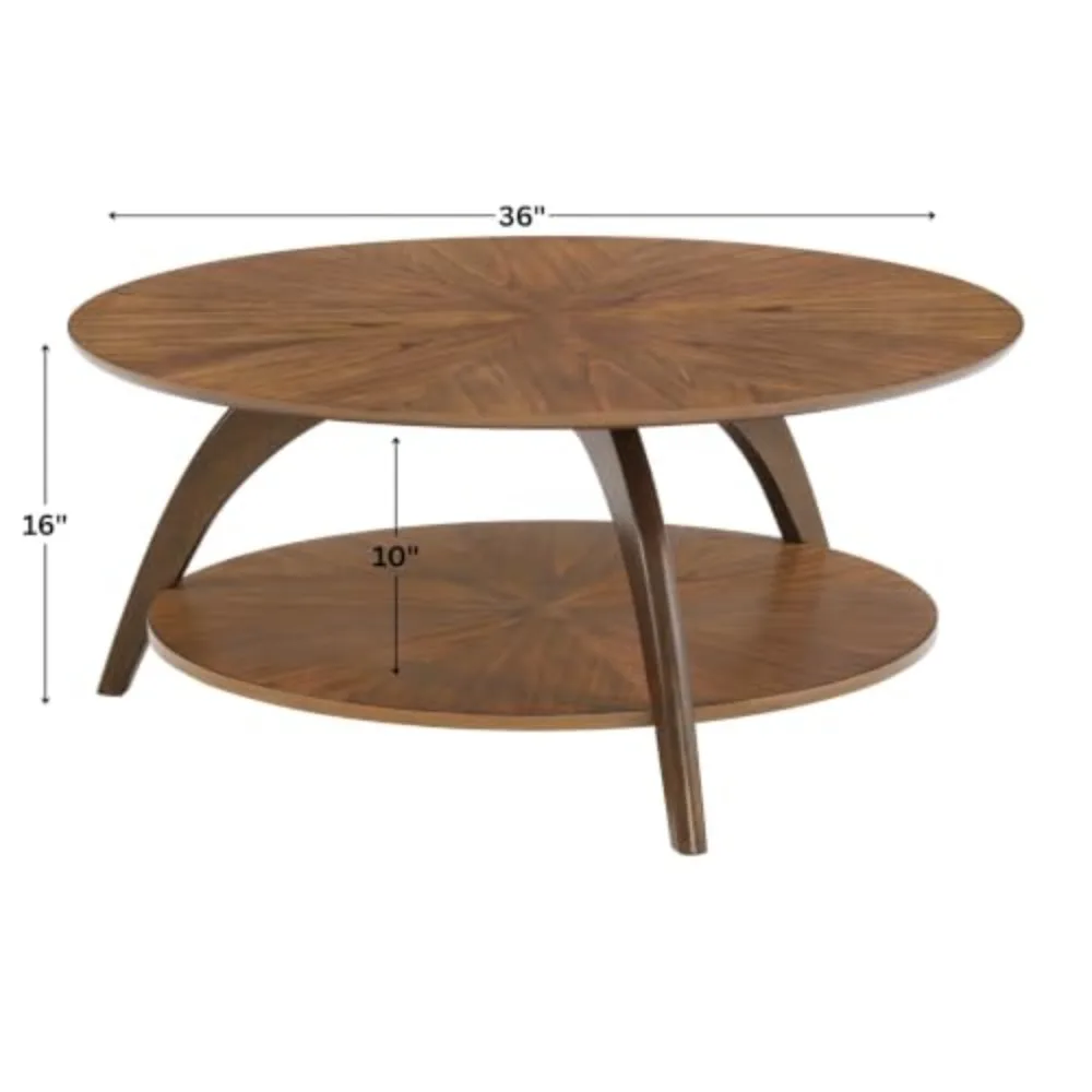 LAX Mid Century Wood Coffee Table, Nutmeg & Espresso | Retro Modern, Lower Shelf, Round Cocktail Table, For Living Room