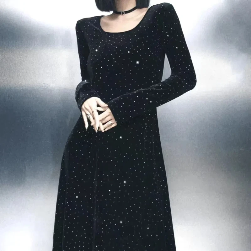 Yuy serenade céu estrelado manga longa céu estrelado vestido feminino luz estilo de luxo manga longa moda commuter vestidos de viagem