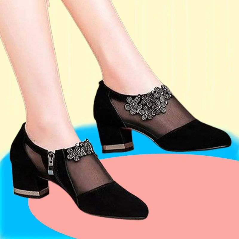 

Spring/Summer 2025 New Women's Thick-heeled Mesh Single Shoes, Mid-heeled Breathable Sandals, Large-sized Cool Boots,sizes 35-43