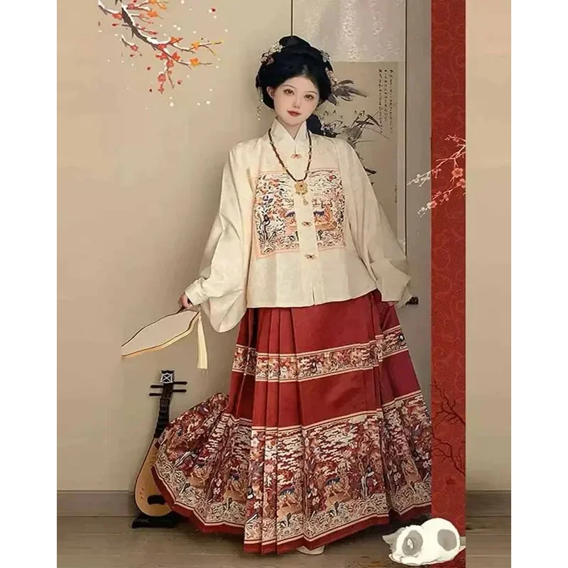 

Plus Size 4XL 2pcs Sets Hanfu Horse Face Skirt Women Oversized Daily Chinese Vintage Hanfu Beige Shirt+Red Skirt Christmas Sets