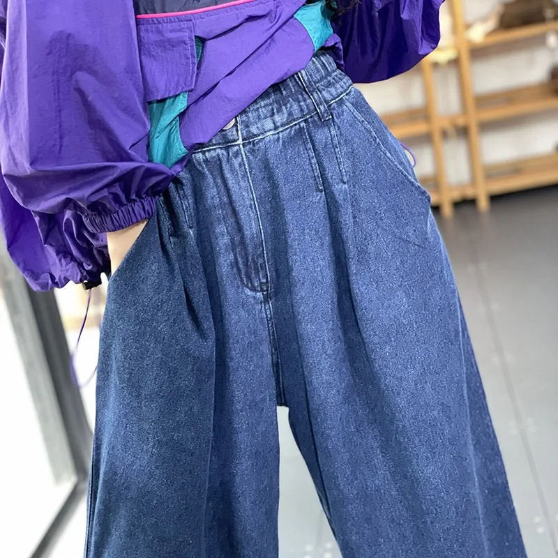 2023 neue Frühling Herbst Frauen elastische Taille lose lässige Baumwolle Denim knöchel lange Hose Vintage blau weites Bein Jeans p286