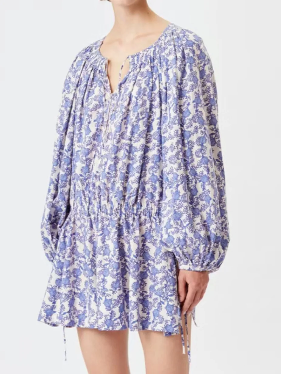 Lightweight Pure Cotton Floral Print Drawstring Waist Lantern Sleeve Women's Dress Casual Style A-Line Skirt All Seasons