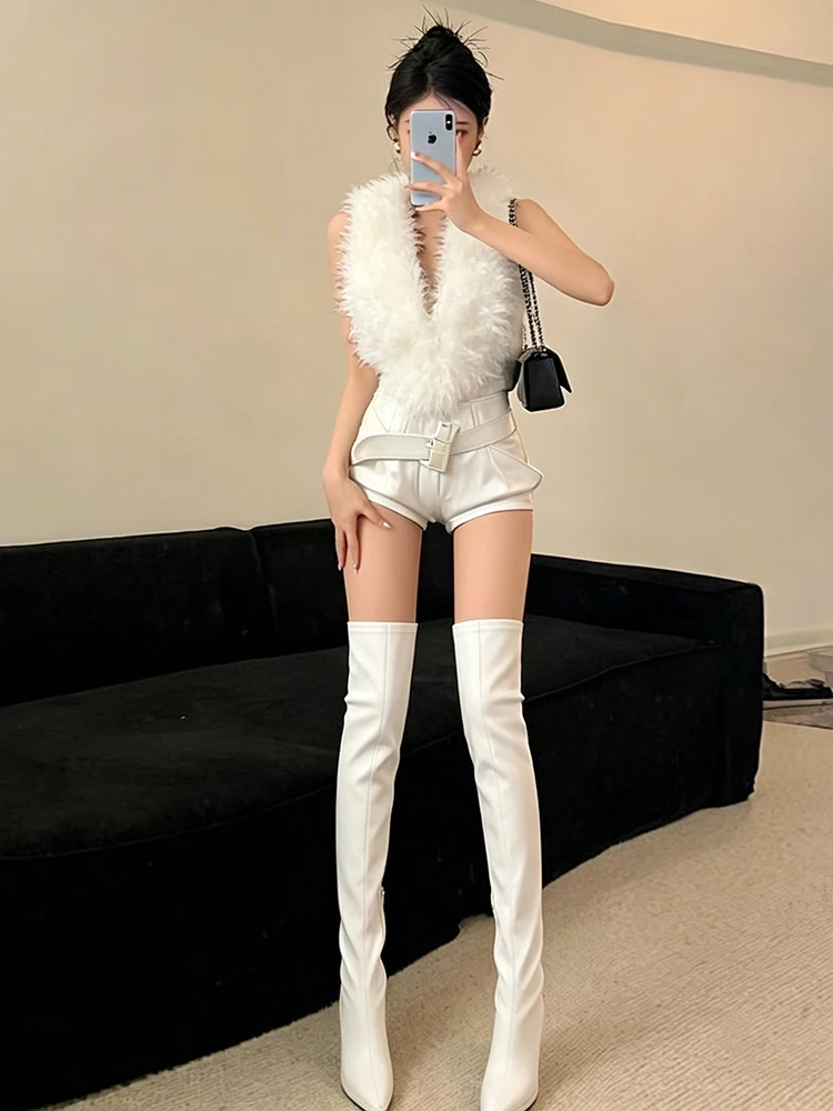 Weird Puss Bodysuit mit Kunstpelzkragen für Damen, tiefem V-Ausschnitt, Neckholder, rückenfrei, ärmellos, figurbetont, sexy, Hottie, Midnight High Street Outfit – Detail 16