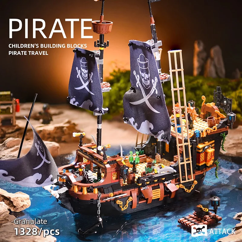 Modelo de Bloques de Construcción del Barco Piratas del Caribe, Decoración de Alta Dificultad para Armar, Juguete del Barco Perla Negra para Regalo de Cumpleaños para Niños