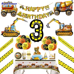 Engineering Vehicle Theme 4D Balloon Disposable Tableware Set Cake Topper Flagbanner Construction Boy Birthday Party Decorations