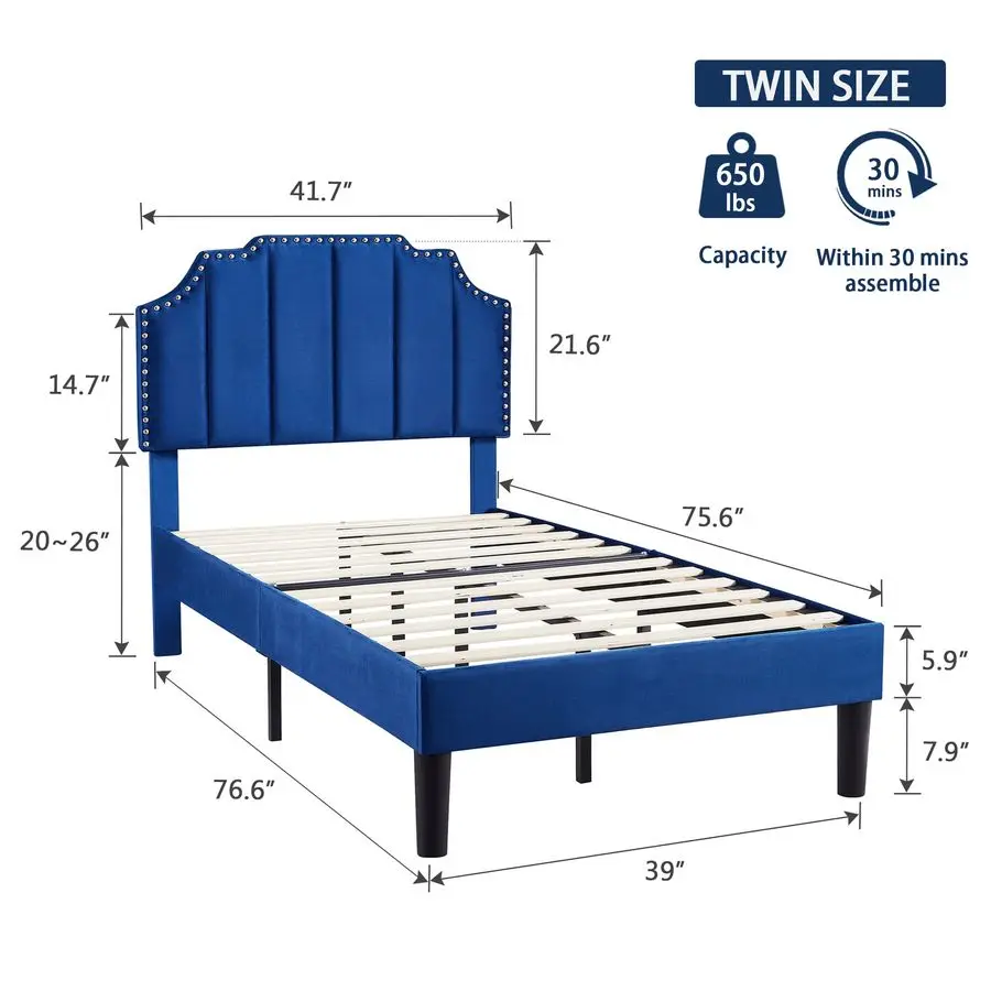 

Двуспальная кровать-платформа с мягкой обивкой для детей, девочек, мальчиков, с регулируемым изголовьем с каретной стяжкой, основанием для матраса и деревянными ламелями, E